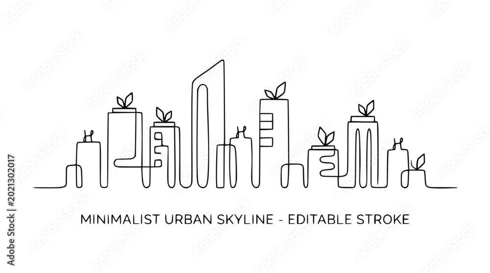 Fototapeta premium Minimalist continuous line drawing of a modern city skyline with plants on buildings