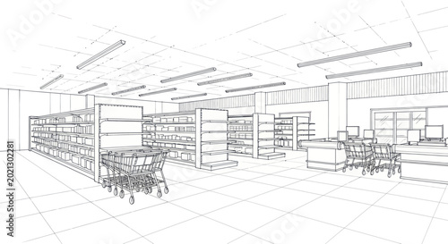 Bild auf Leinwand Detailed architectural sketch of a modern supermarket interior with aisles and shopping carts