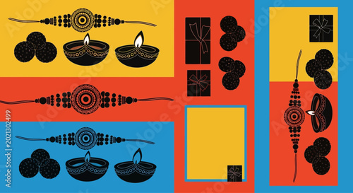 Canvastavla Set of Raksha Bandhan greeting card designs with Rakhi and Diya.