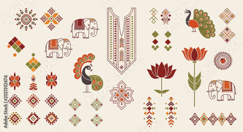 Canvas Print Set of Traditional Indian Decorative Elements with Elephants Peacocks and Lotus Flowers