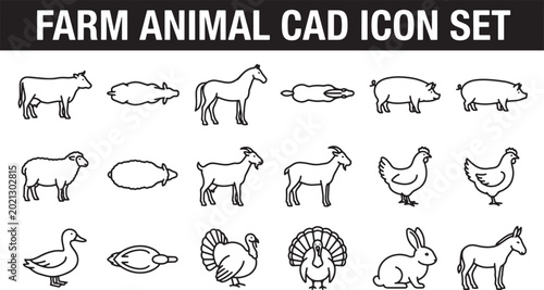 Farm animal icon set featuring side and top views of livestock for architectural plans and design projects