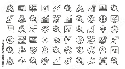 Collection of modern outline icons representing business concepts, finance, analytics, teamwork, and strategy.