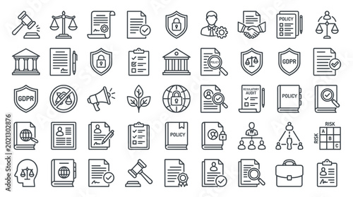 A collection of thin line icons representing legal, regulatory, and business compliance concepts.