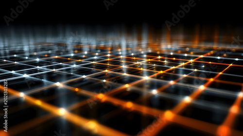 Glowing network grid with illuminated nodes and warm orange and cool blue light beams creating abstract futuristic depth and dynamic energy