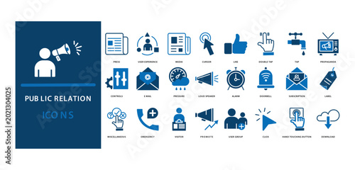 Foto public relation icon set of press, user experience,
media, cursor, like, double