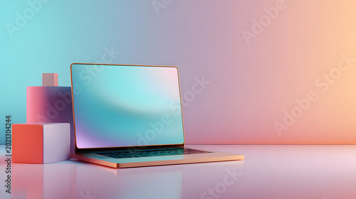 Open laptop with blank screen on pastel tabletop next to geometric shapes in soft gradient lighting conveying modern creative workspace mood