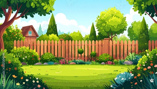 Lush Cartoon Garden Scene with Fence and Greenery.