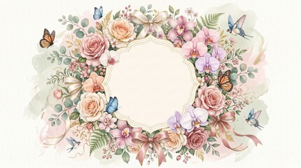Decorative Mother’s Day illustration featuring a luxurious floral frame made of roses, orchids, eucalyptus, butterflies, and ribbons surrounding empty center space for typography, romantic watercolor 