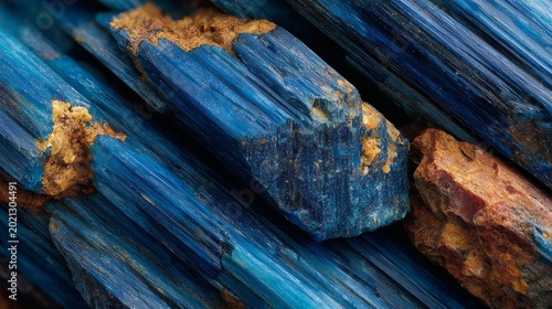 Macro shot of raw blue kyanite crystals with earthy inclusions