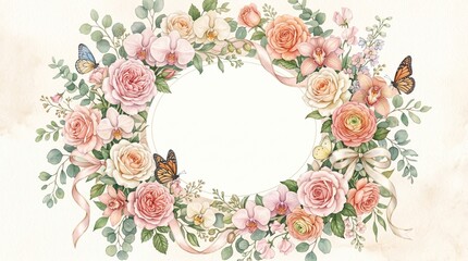 Decorative Mother’s Day illustration featuring a luxurious floral frame made of roses, orchids, eucalyptus, butterflies, and ribbons surrounding empty center space for typography, romantic watercolor 