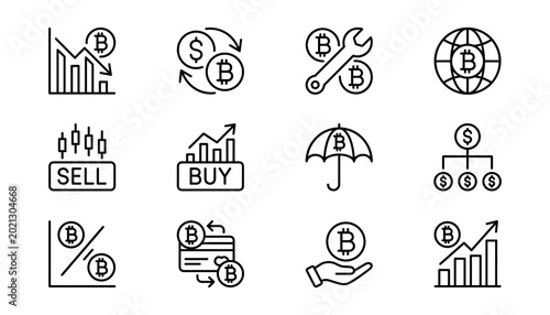 Schilderij op canvas Bitcoin cryptocurrency finance icons on white background symbolizing trading gro