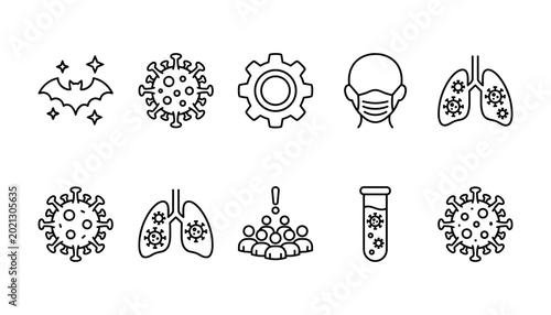 Coronavirus icons with lungs mask gear and test tube representing pandemic spread and research