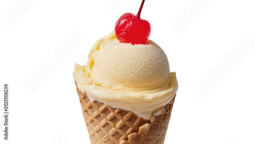 Tableau sur toile Creamy vanilla ice cream scoop with maraschino cherry on top, isolated on transp