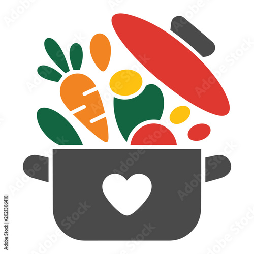Colorful vegetables pouring from pot with heart