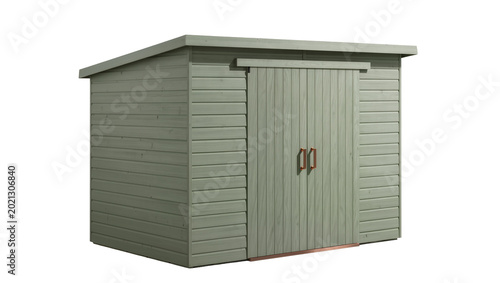 Foto Green wooden garden shed with double doors, isolated on transparent background