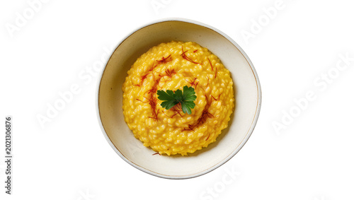 Konstfotografi Golden saffron risotto with parsley garnish, isolated on transparent background