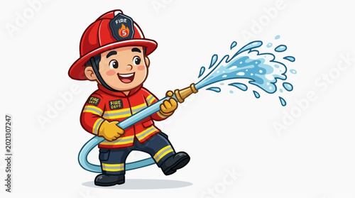 A brave firefighter heroically uses a water hose to extinguish flames. This captivating illustration portrays a firefighter at work