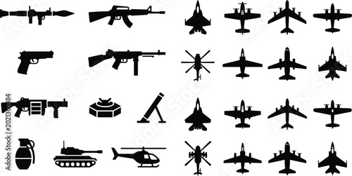 Bild auf Leinwand Military aircraft and weapon silhouette set featuring fighter jets helicopters t
