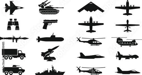Photos Military aircraft and defense vehicle silhouette set featuring fighter jets heli
