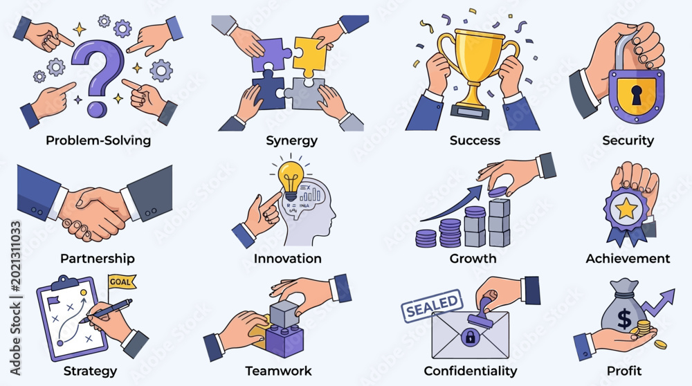 Fototapeta premium Diverse collection of human hand gestures featuring business characters pointing at question mark, assembling jigsaw puzzle pieces, holding golden winner trophy cup, and securing a safety padlock.