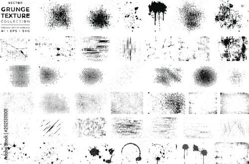 Set of grunge textures, vector distressed overlays, ink splatters and halftone patterns