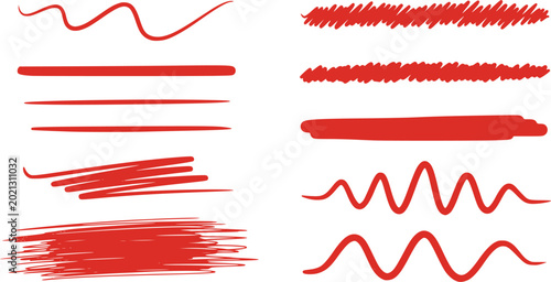 Red brush stroke. Marker pen highlight stroke. Vector swoosh brush underline set for accent, marker emphasis element. Vector. Transparent EPS version.