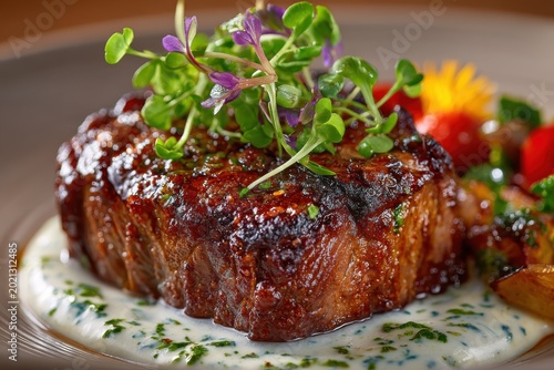 Gourmet Steak Culinary Delight: A close-up showcases a perfectly seared steak, glistening with succulence and artfully garnished with microgreens and fresh vegetables.