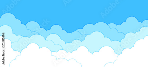 Blue sky with white clouds vector background. Clouds border decoration. Simple cartoon frame design. Flat style vector illustration