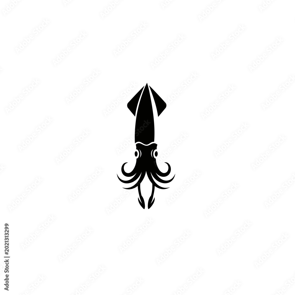 Fototapeta premium Black Silhouette of a Squid or Octopus with Tentacles and Eyes on a White Background Vector Illustration