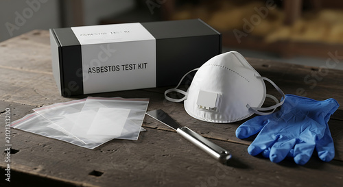 Professional DIY Asbestos Test Kit Featuring a Respirator Mask Protective Gloves and Sampling Bags on a Rustic Table for Home Safety Inspection and Asbestos Remediation