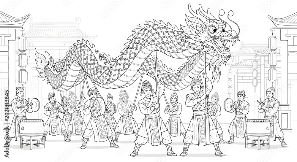 Obraz premium Chinese Dragon Dance Parade Coloring Page