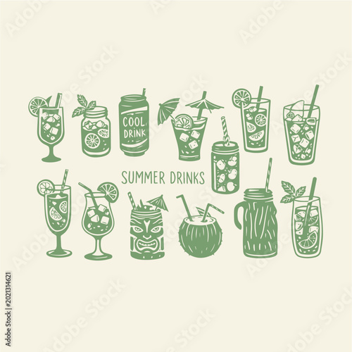 Vintage summer drinks vector set, hand drawn cocktail and mocktail illustrations, green linocut style tropical beverage icons for bar menus