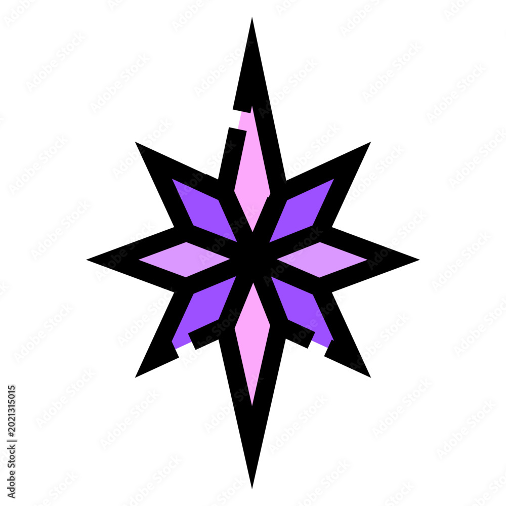 Fototapeta premium Eight point star icon design featuring alternating pink and purple colors and a stylized black outline, creating a decorative visual element for various projects