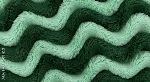 Luxurious Macro Shot of Dense Wavy Faux Fur Texture featuring Alternating Emerald and Mint Green Stripes Soft Shaggy Fiber Background for Modern Textile Design