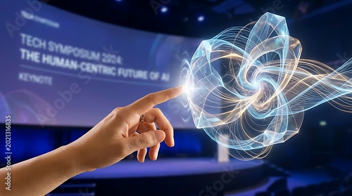 Hand touching virtual reality vector illustration, tech conference setting