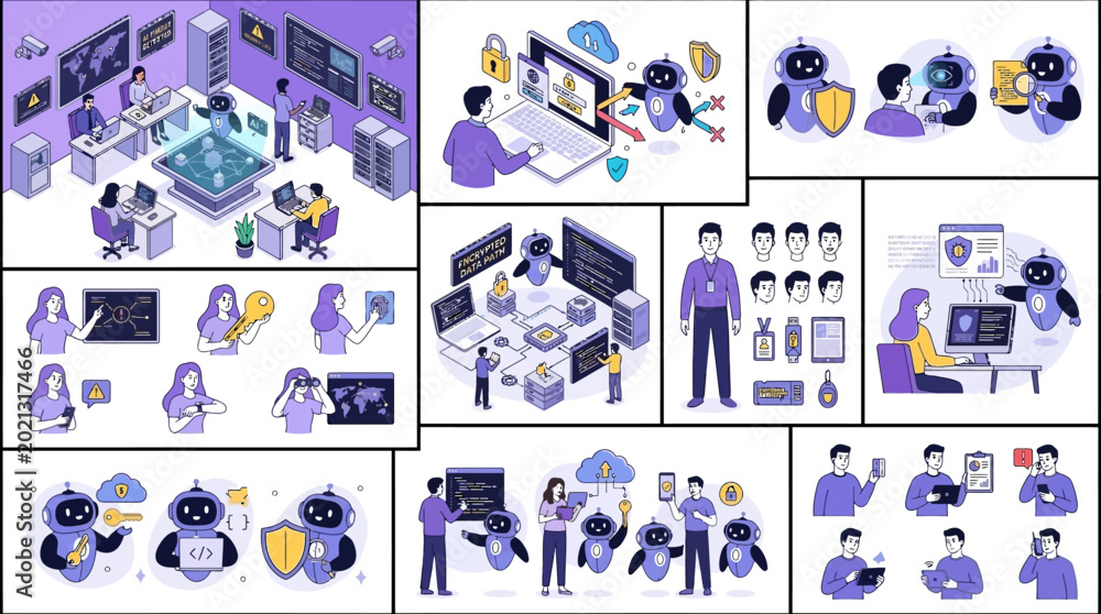 Fototapeta premium Artificial Intelligence Cybersecurity Vector Set Featuring Characters Implementing Secure Data Protection Protocols and Privacy Measures via Advanced AI Powered Network Technology Solutions