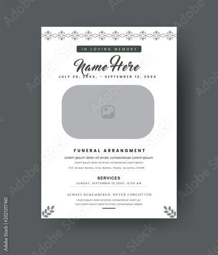 Funeral Template for Memorial Program. Minimalist Funeral ainvitation Card Bifold Brochure Design Layout.