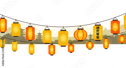 A string of hanging illuminated Japanese paper lanterns for festive decoration.