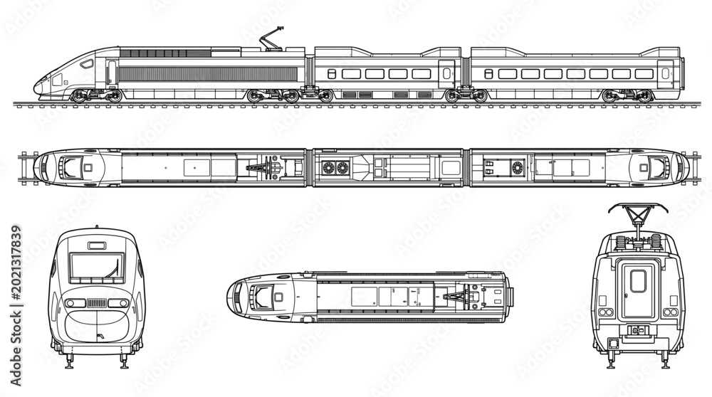 Fototapeta premium High speed train technical drawing blueprint with front side back and top views CAD line art vector illustration