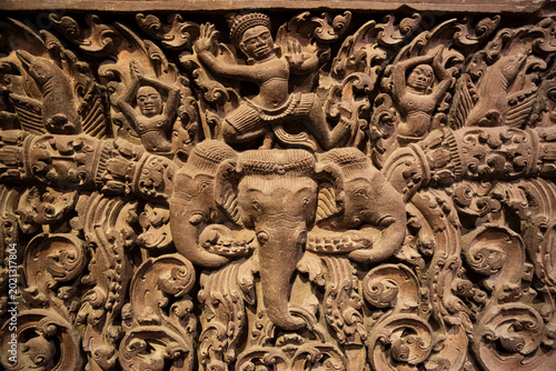 Fotografía Intricate ancient Champa Kingdom sandstone relief featuring Hindu mythological f