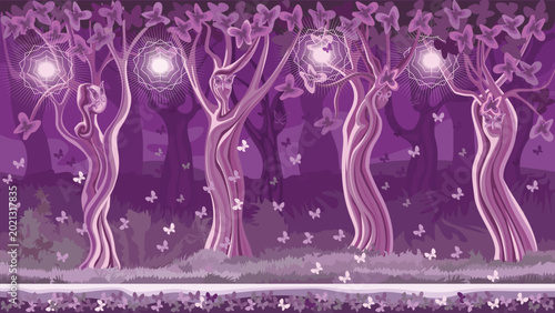 Quadro su tela Enchanting fantasy forest scene in a monochromatic purple color palette, featuring stylized trees with glowing magical lights and swirling branches