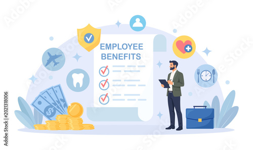 Employee benefits package. Social guarantees and protection for workers. Worker advantages: meal reimbursement, medical insurance, vacation and retirement benefits. Compensation supplementing salary