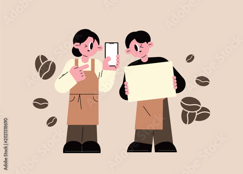 Fotografie Minimalist cafe staff holding a phone and an empty placard for copy space