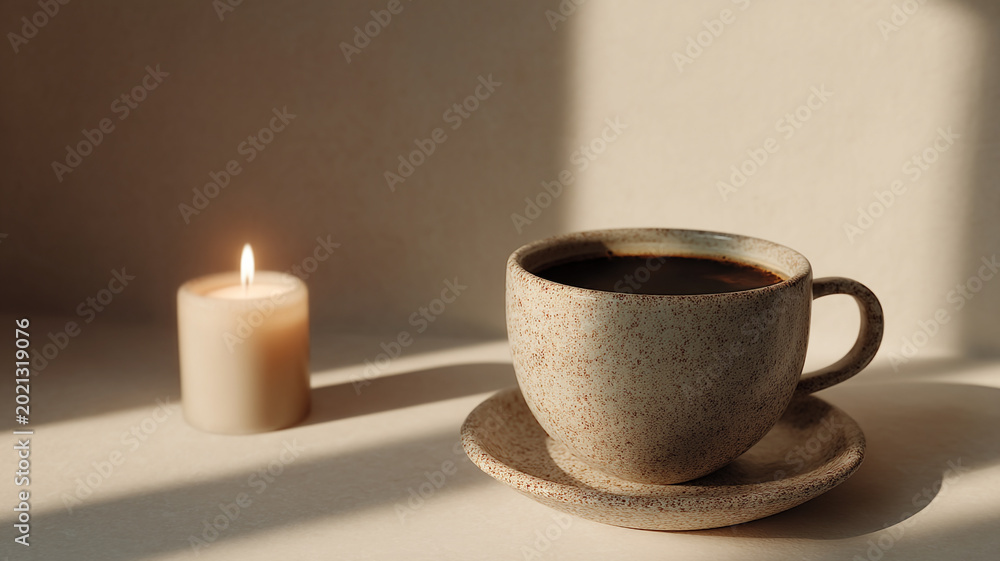 Fototapeta premium minimal coffee scene with a cup of coffee and a lit candle