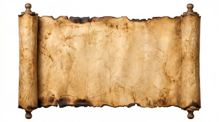 Vintage unrolled scroll with burnt edges and wooden rollers isolated on white background