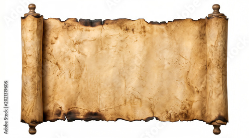 Vintage unrolled scroll with burnt edges and wooden rollers isolated on white background