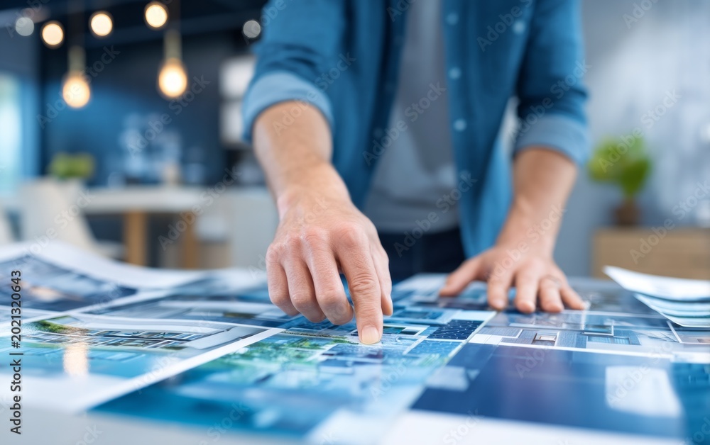 Fototapeta premium Creative professional examining photography prints spread on table