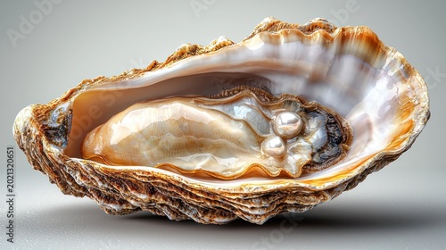 Detailed macro view of an open oyster shell displaying a pearl cluster, set against a soft gray backdrop