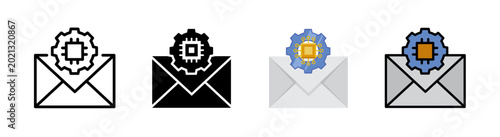AI Email Marketing Automation hybrid icon, envelope with gear and processor chip. Icon set of 4 style variation.