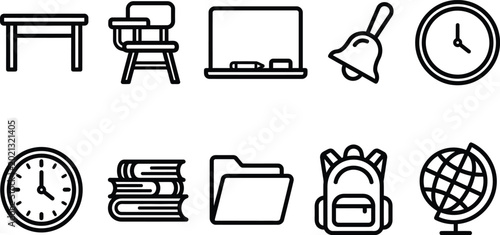 Quadro su tela Back to School Classroom Vector Set with Desk Chalkboard and Backpack Icons